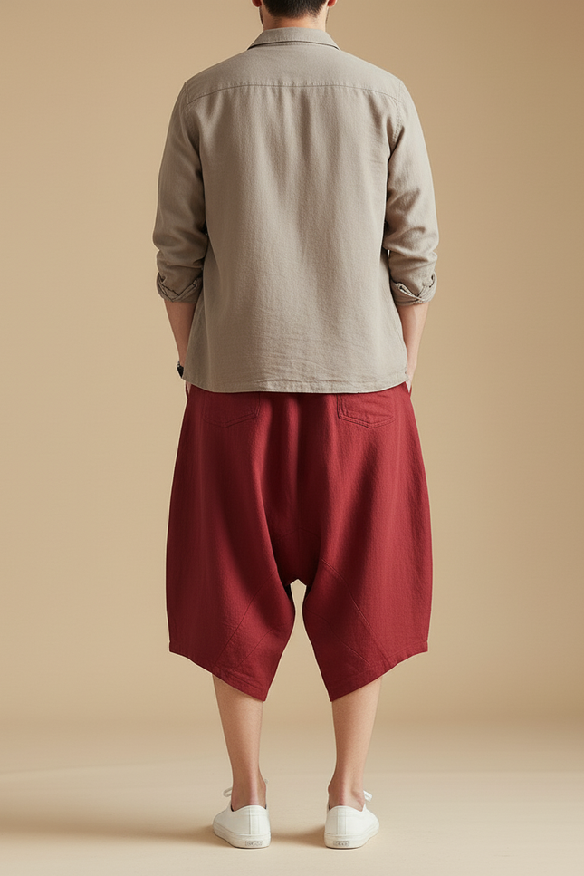 Pantalon Baggy Homme Taille Élastique Toile - Bordeaux Lin - vue 2