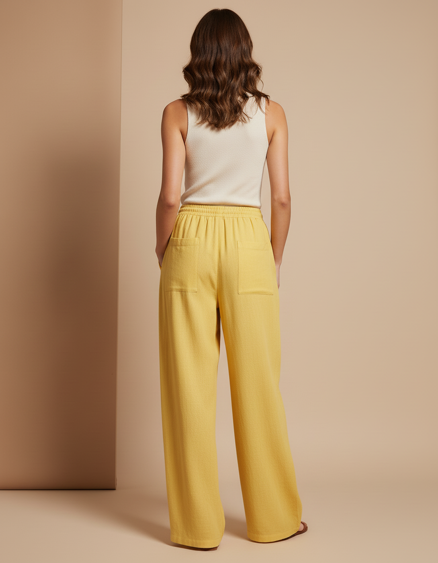 Pantalon Baggy Jaune Lin Ample Fluide Femme - vue 2