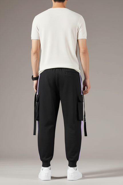 Pantalon Baggy Noir Cargo Bandes Violettes Décontracté Homme - Molleton - vue 2