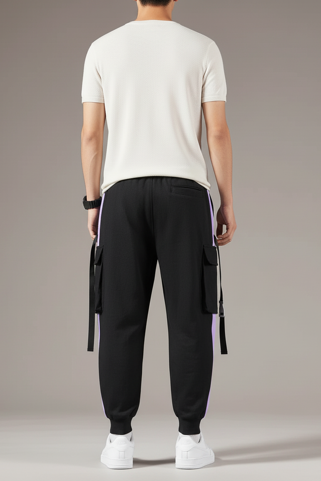Pantalon Baggy Noir Cargo Bandes Violettes Décontracté Homme - Molleton - vue 2
