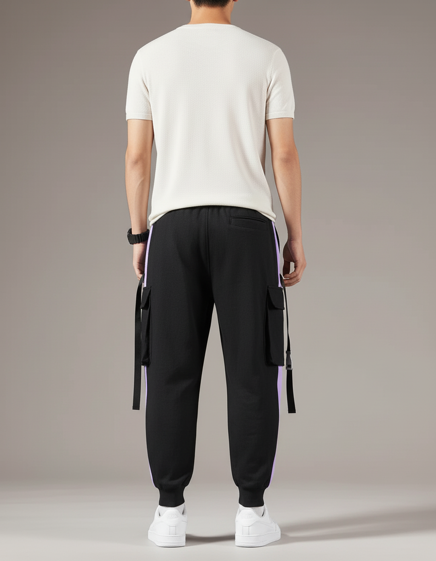 Pantalon Baggy Noir Cargo Bandes Violettes Décontracté Homme - Molleton - vue 2