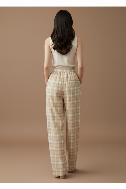 Pantalon Baggy Plaid Écru Ample Décontracté Femme - Beige Lin - vue 2