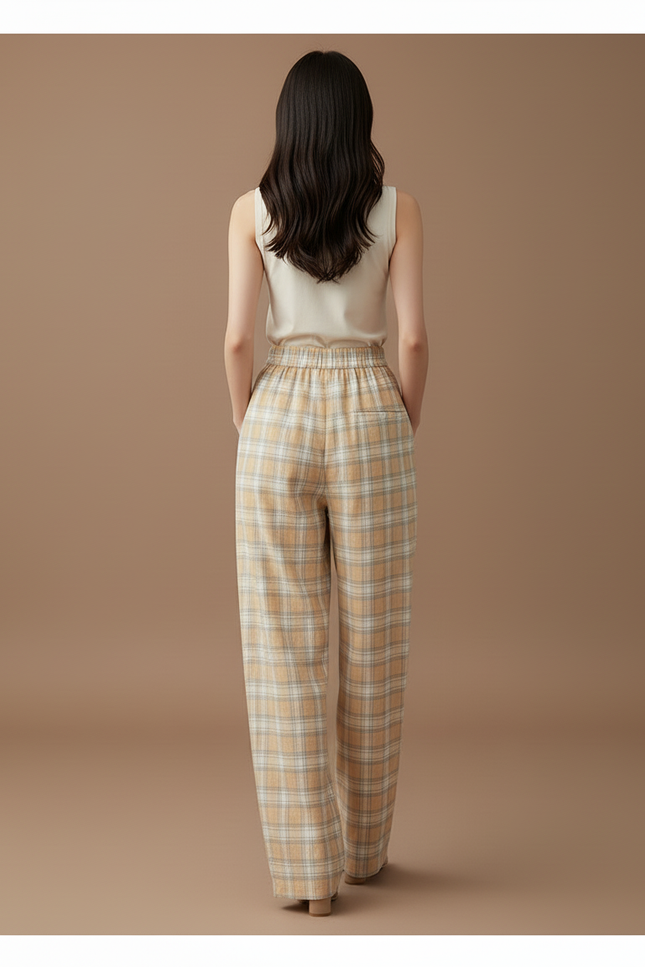 Pantalon Baggy Plaid Écru Ample Décontracté Femme - Beige Lin - vue 2