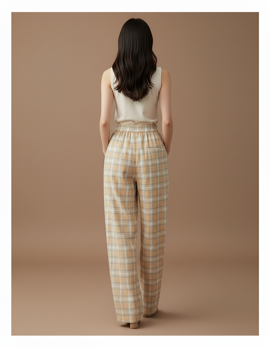 Pantalon Baggy Plaid Écru Ample Décontracté Femme - Beige Lin - vue 2