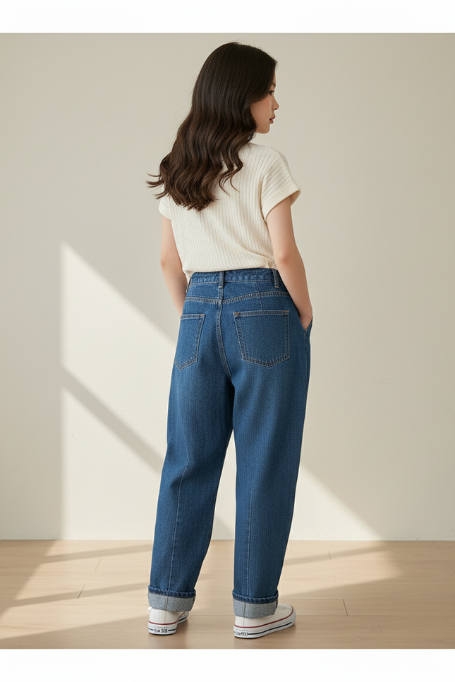 Pantalon Baggy Jean Bleu Ample Taille Haute Fille - vue 2