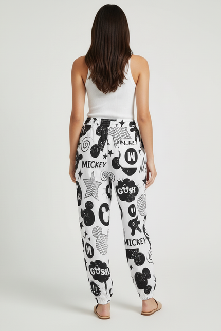 Pantalon Baggy Blanc Imprimé Mickey Ample Fluide Femme - Lin - vue 2
