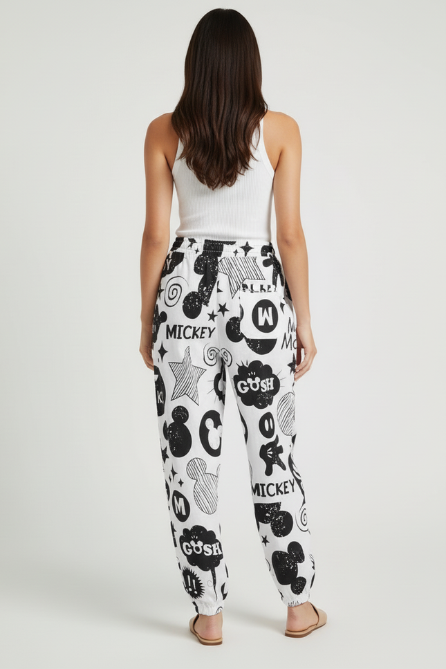 Pantalon Baggy Blanc Imprimé Mickey Ample Fluide Femme - Lin - vue 2