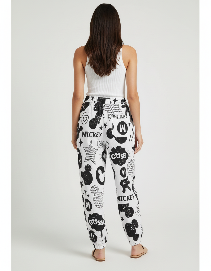 Pantalon Baggy Blanc Imprimé Mickey Ample Fluide Femme - Lin - vue 2