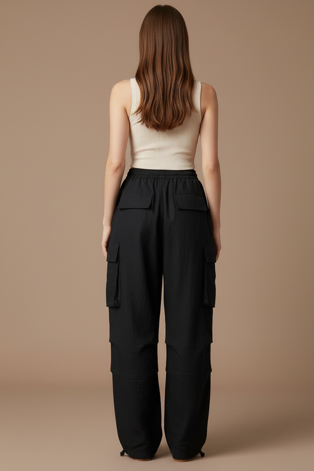 Pantalon Baggy Noir Ample Cargo Taille Haute - Lin - vue 2