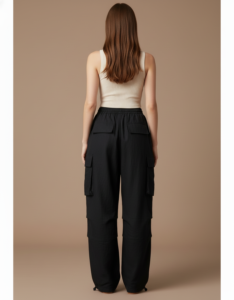 Pantalon Baggy Noir Ample Cargo Taille Haute - Lin - vue 2