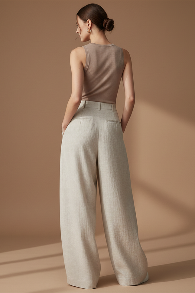 Pantalon Baggy Beige Lin Ample Droit Élégant - vue 2