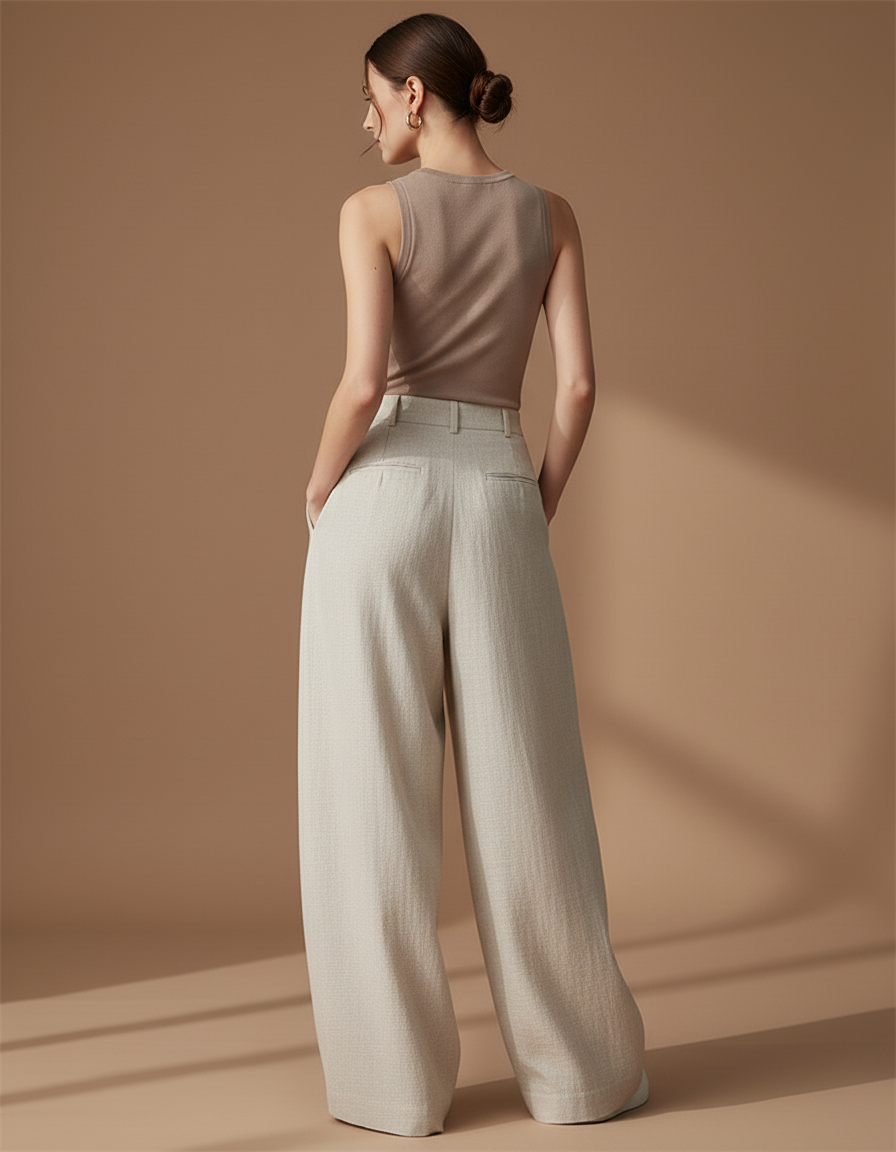 Pantalon Baggy Beige Lin Ample Droit Élégant - vue 2