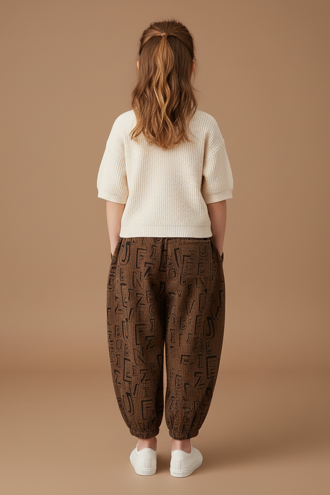 Pantalon Baggy Marron Lettres Ample Côtelé Enfant - Cordé - vue 2