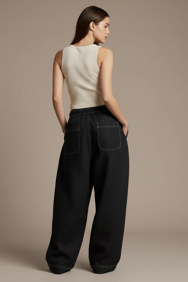 Pantalon Baggy Noir Ample Coton Taille Haute - Jean - vue 2