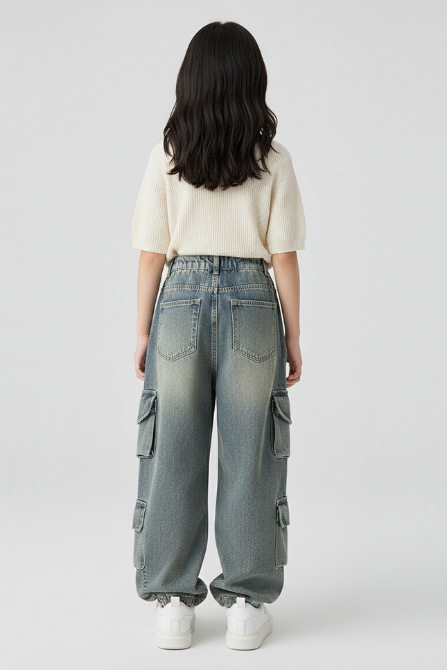 Pantalon Baggy Jean Cargo Ample Enfant Décontracté - Bleu - vue 2