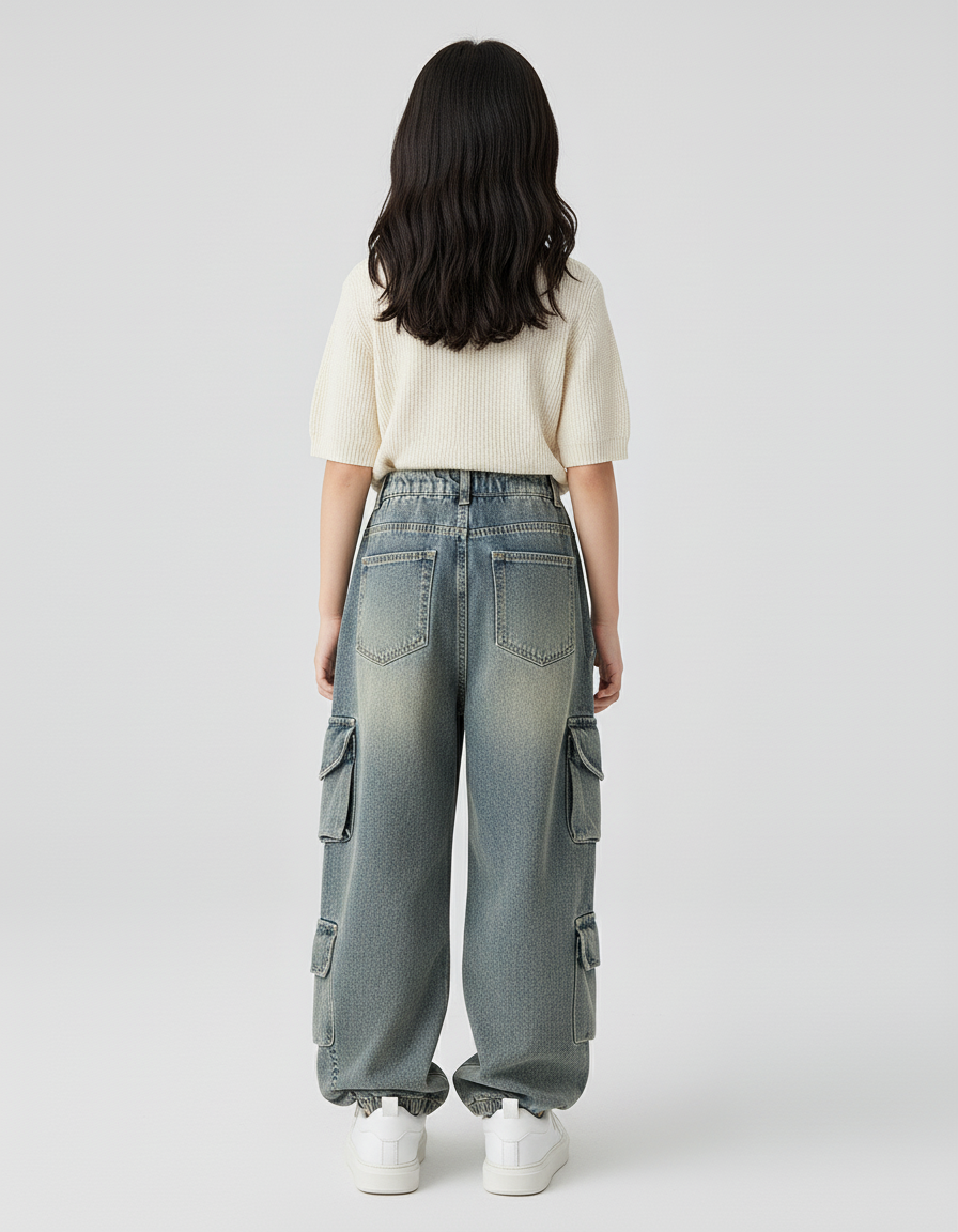 Pantalon Baggy Jean Cargo Ample Enfant Décontracté - Bleu - vue 2