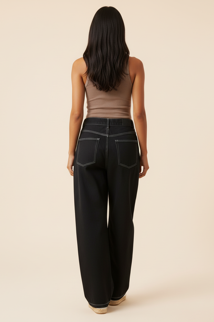 Pantalon Baggy Noir Brodé Ample Décontracté Streetwear - Jean - vue 2