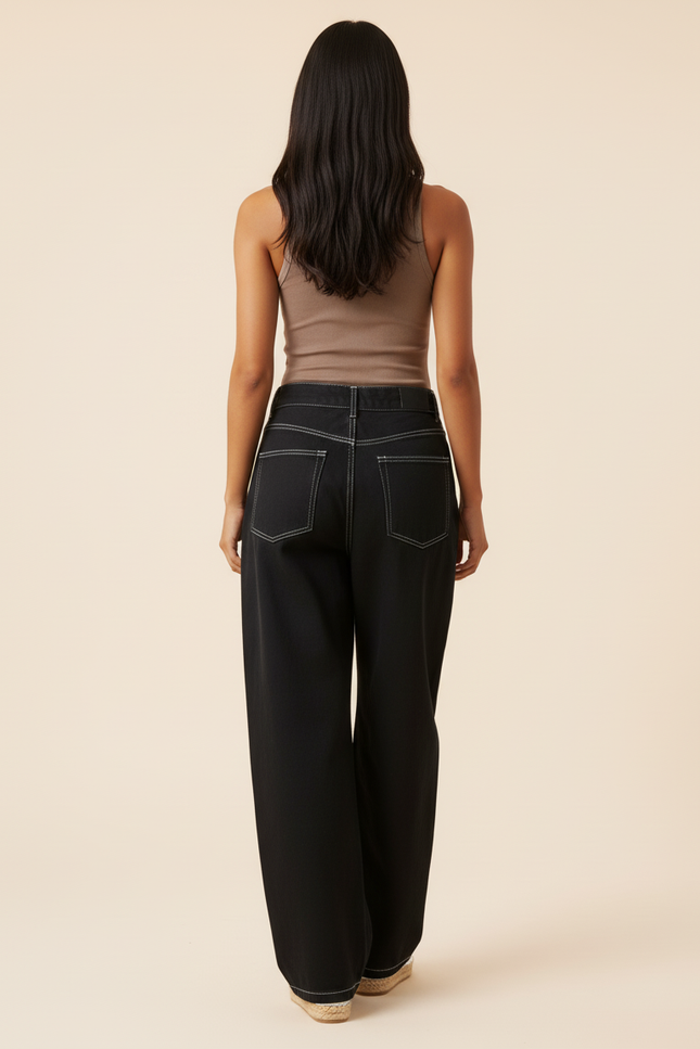 Pantalon Baggy Noir Brodé Ample Décontracté Streetwear - Jean - vue 2