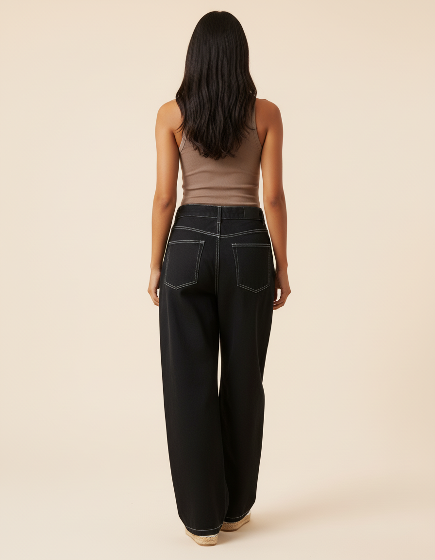 Pantalon Baggy Noir Brodé Ample Décontracté Streetwear - Jean - vue 2
