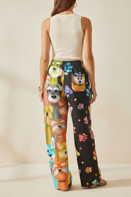 Pantalon Baggy Imprimé Chiens Pattes Ample Décontracté Femme - Multicolore Lin - vue 2