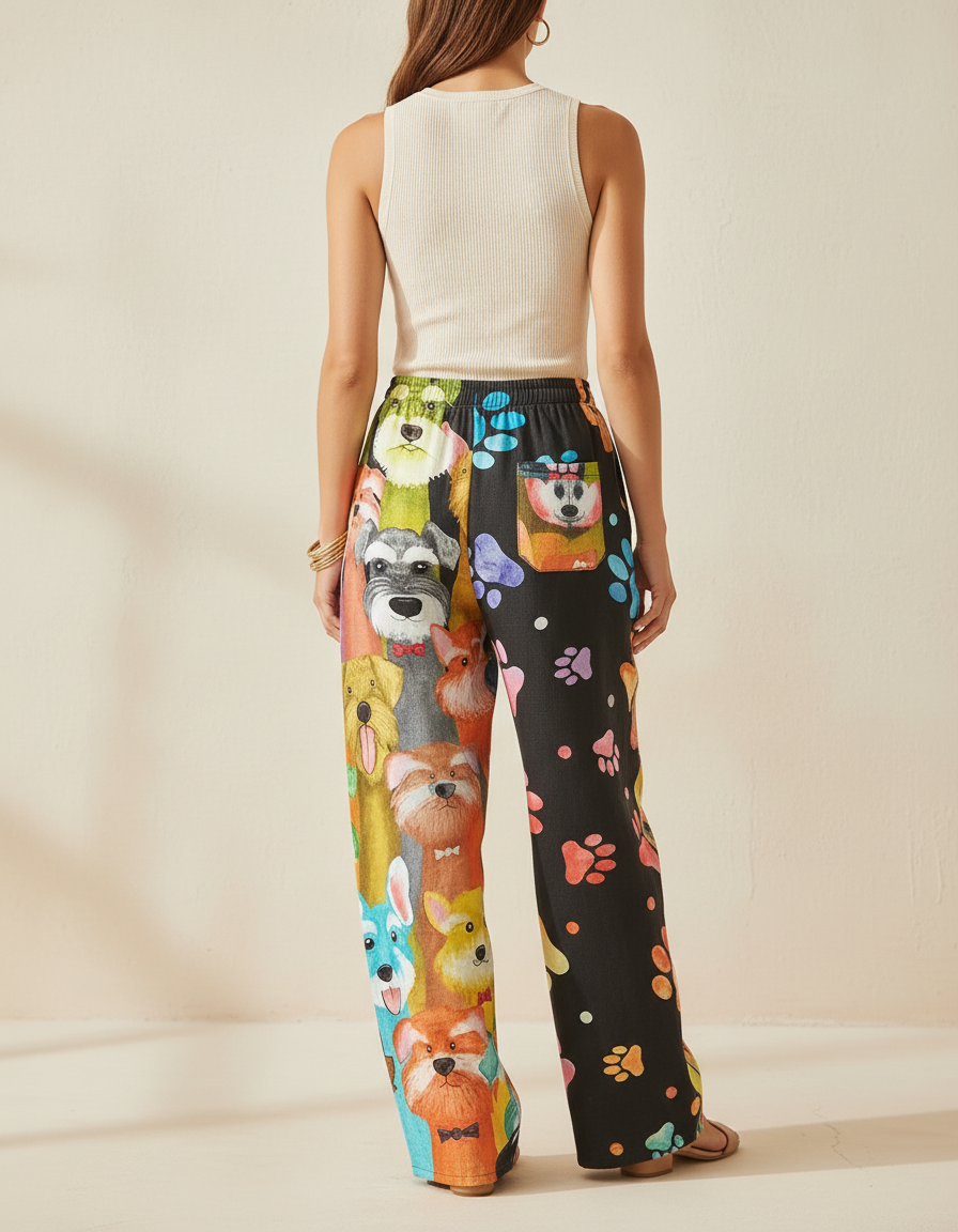 Pantalon Baggy Imprimé Chiens Pattes Ample Décontracté Femme - Multicolore Lin - vue 2