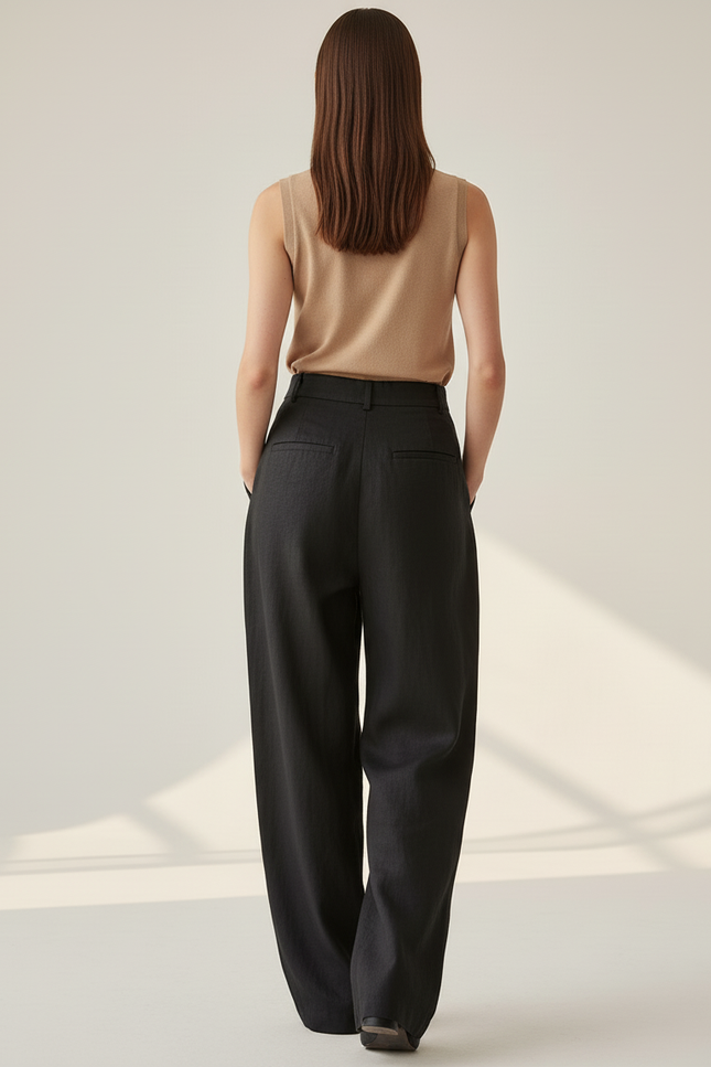 Pantalon Baggy Noir Lin Plissé Ample - vue 2