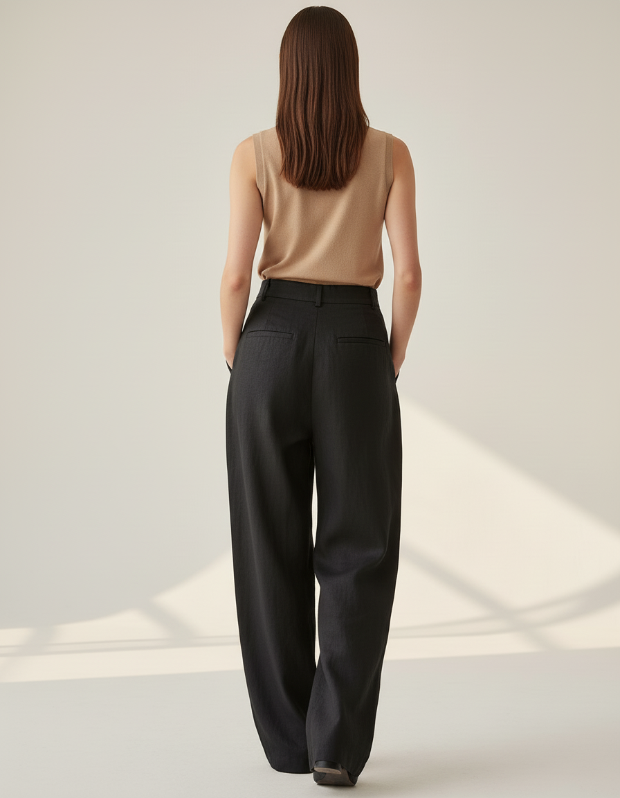 Pantalon Baggy Noir Lin Plissé Ample - vue 2