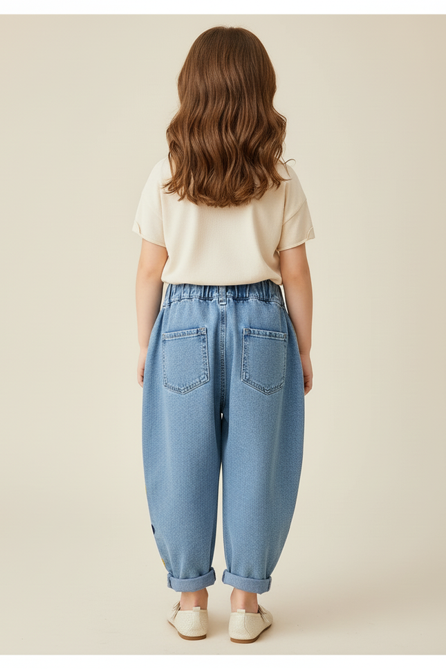 Pantalon Baggy Jean Denim Cœurs Brodés Ample Enfant - Bleu - vue 2