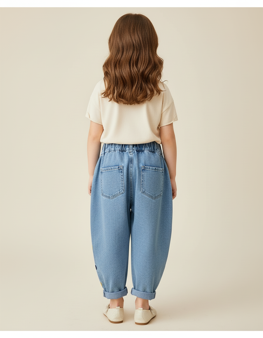 Pantalon Baggy Jean Denim Cœurs Brodés Ample Enfant - Bleu - vue 2