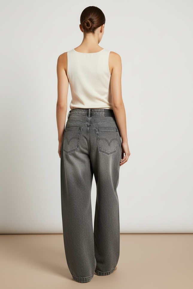 Pantalon Baggy Gris Délavé Ample Brodé Y2K - Jean - vue 2