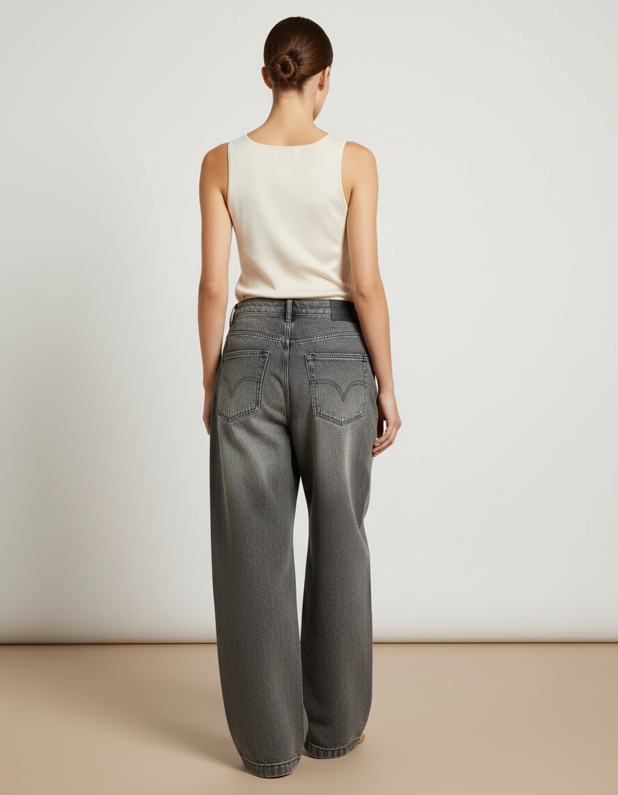 Pantalon Baggy Gris Délavé Ample Brodé Y2K - Jean - vue 2