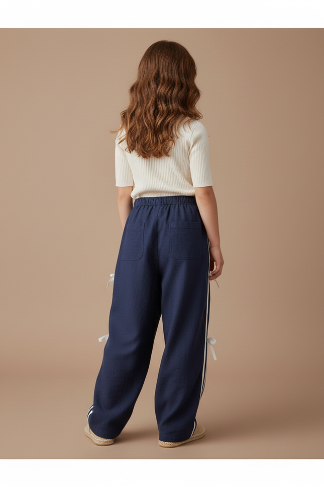 Pantalon Baggy Bleu Marine Ample Rubans Blancs Fille - Lin - vue 2