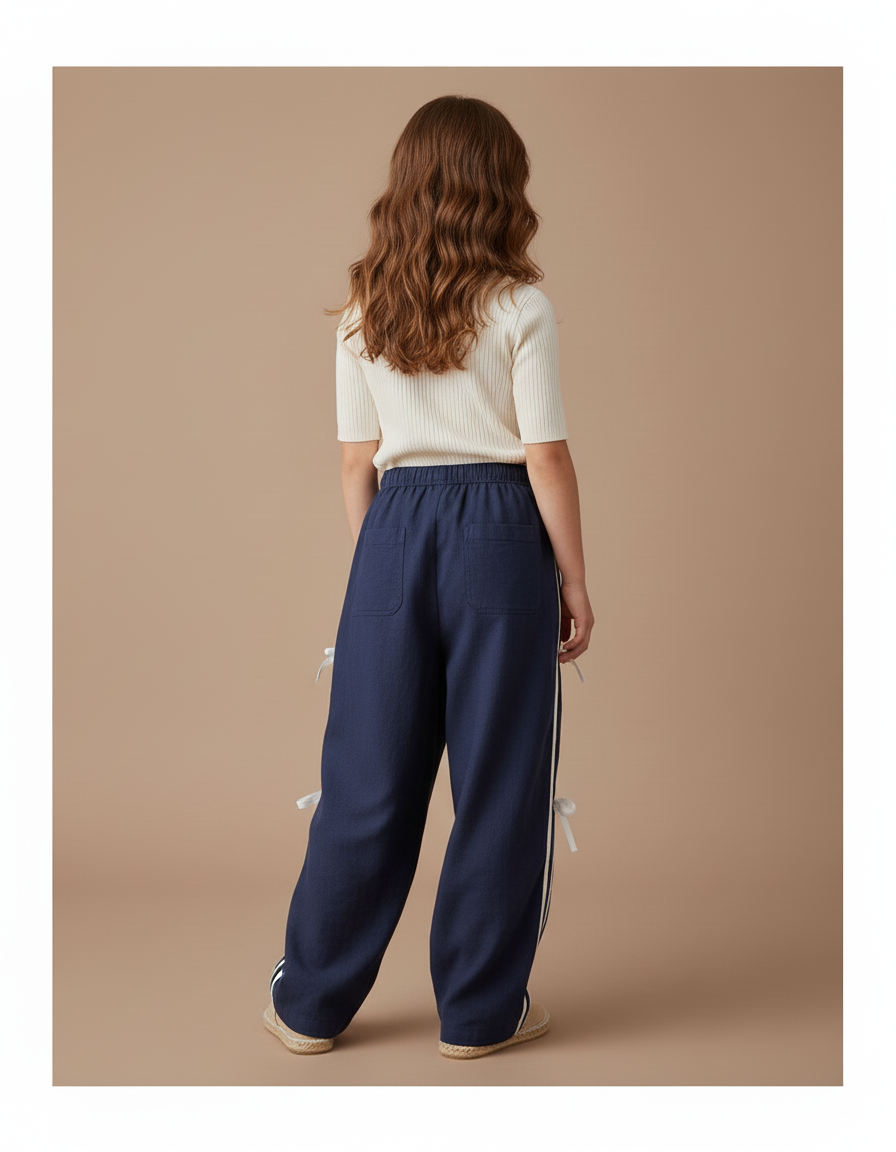 Pantalon Baggy Bleu Marine Ample Rubans Blancs Fille - Lin - vue 2