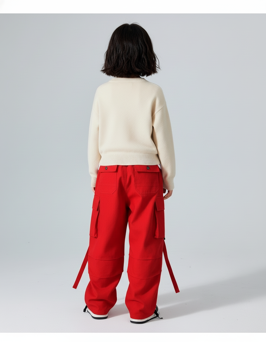 Pantalon Baggy Rouge Cargo Large Coton Enfants - Toile - vue 2