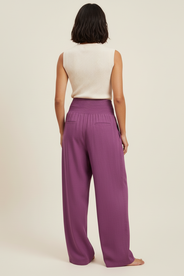 Pantalon Baggy Violet Ample Plissé Fluide Smocké - Lin - vue 2