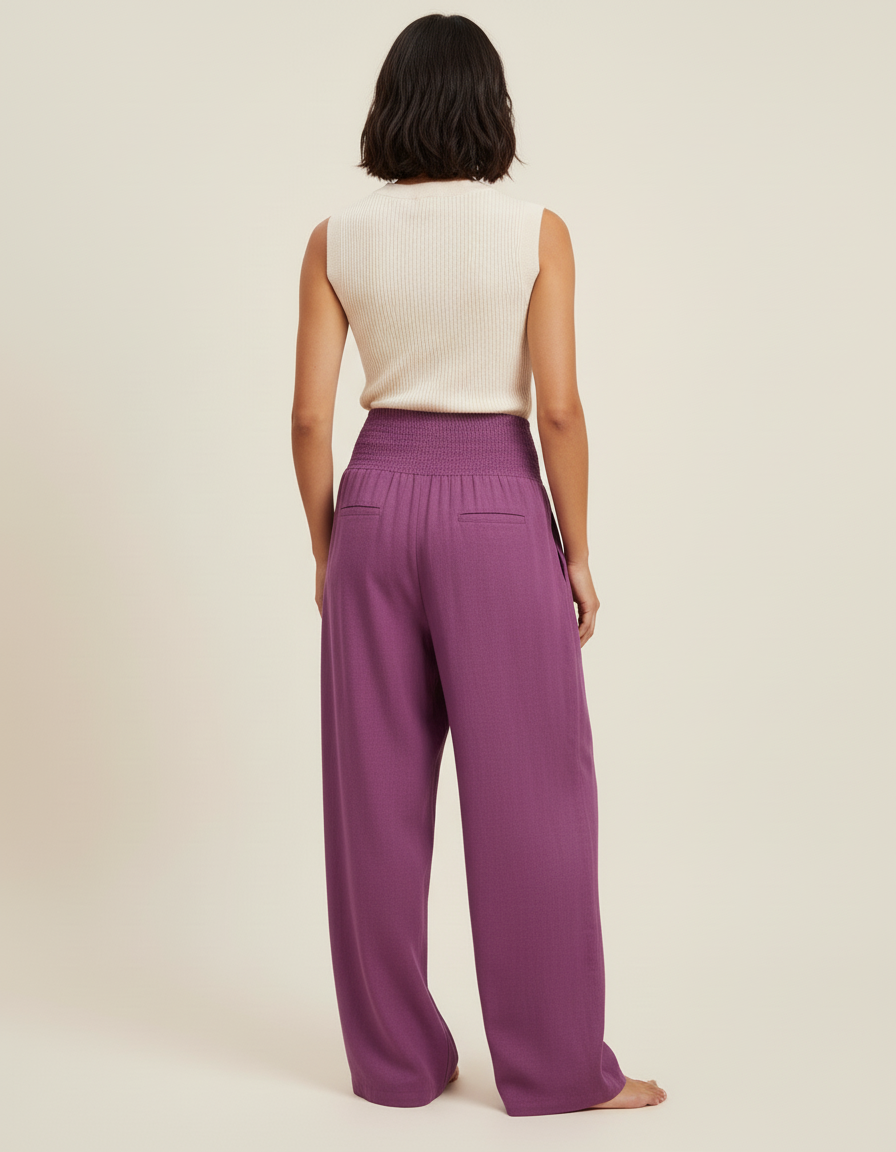 Pantalon Baggy Violet Ample Plissé Fluide Smocké - Lin - vue 2
