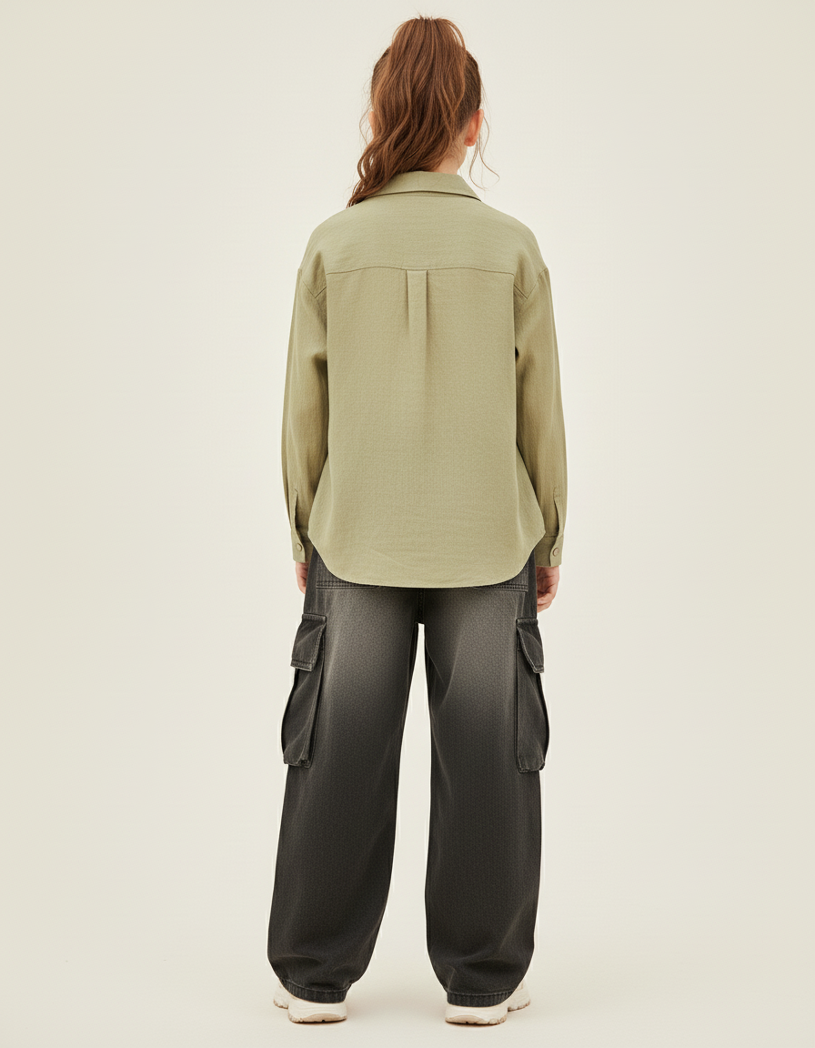 Pantalon Baggy Denim Dégradé Ample Poches Cargo Enfant - Gris Jean - vue 2