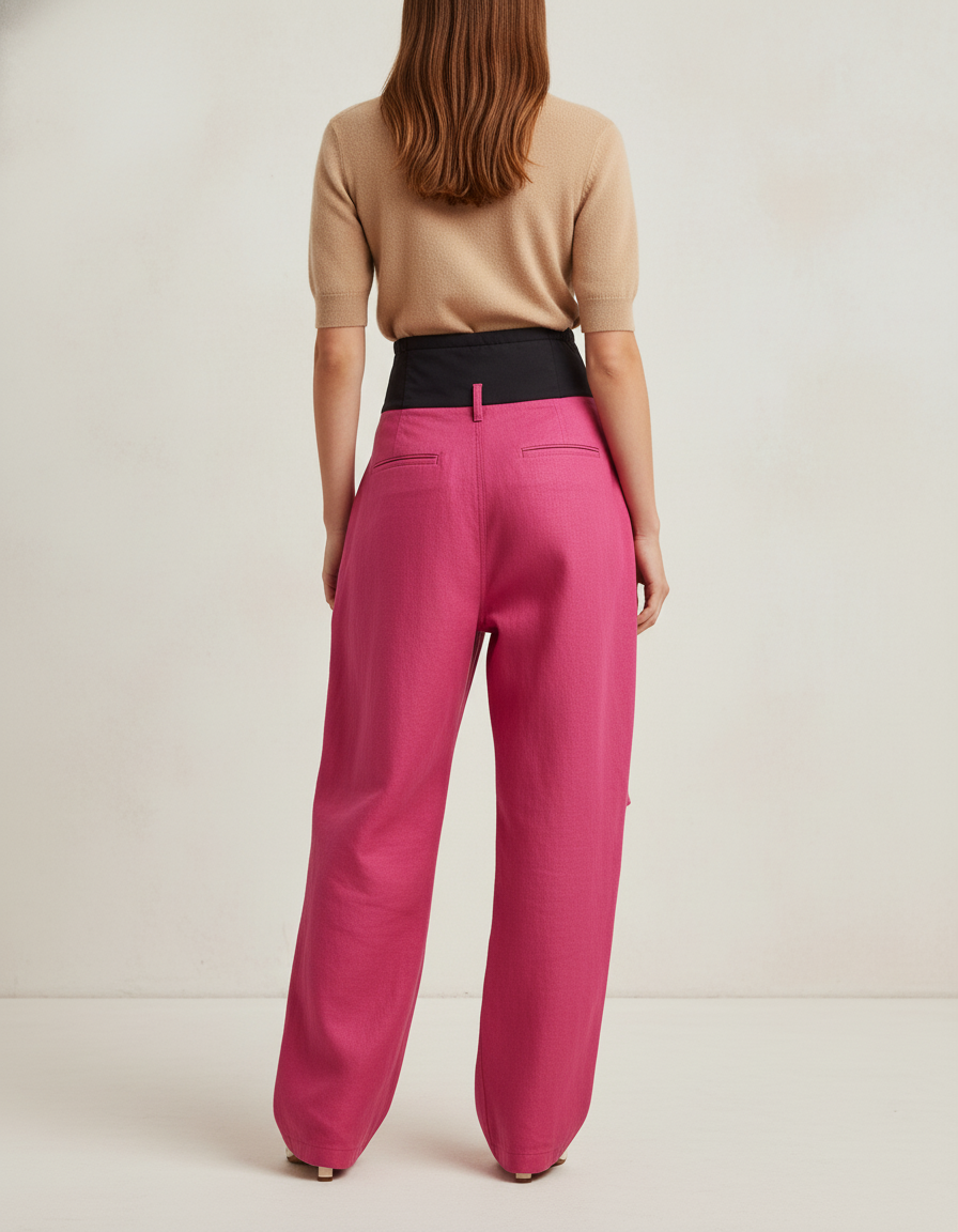 Pantalon Baggy Rose Taille Haute Évasé Fluide - Lin - vue 2