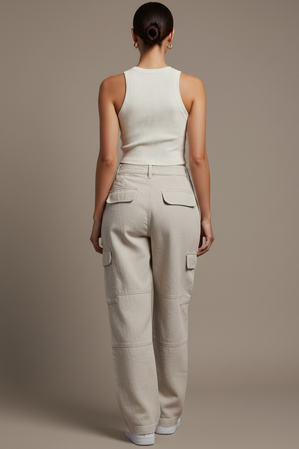 Pantalon Baggy Beige Cargo Ample Décontracté Coton - vue 2