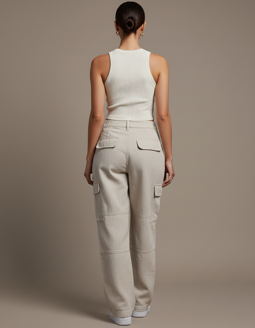 Pantalon Baggy Beige Cargo Ample Décontracté Coton - vue 2