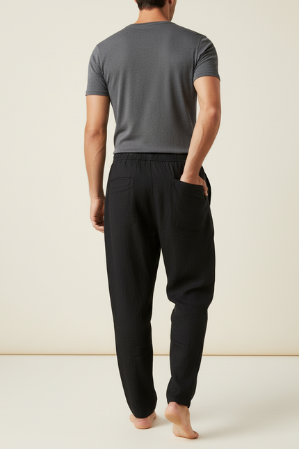 Pantalon Baggy Noir Lin Ample Décontracté Cordon - vue 2