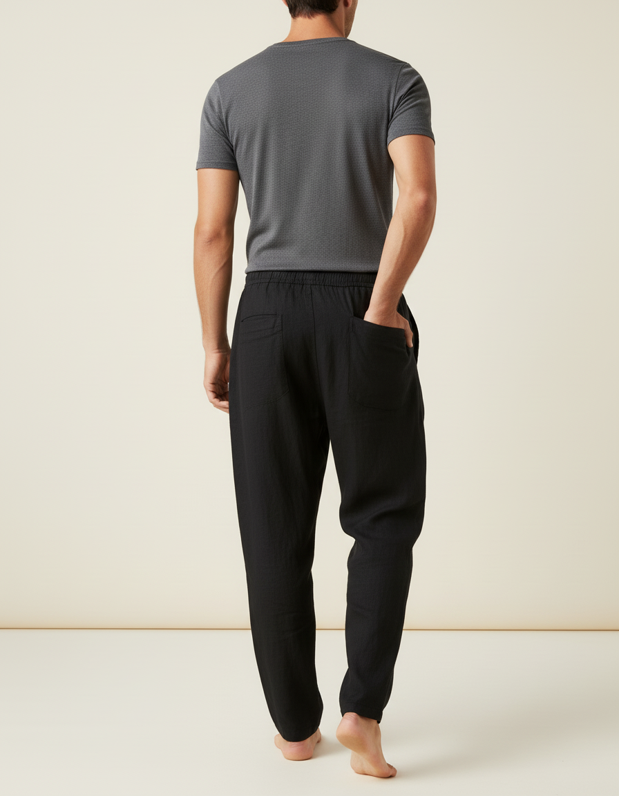Pantalon Baggy Noir Lin Ample Décontracté Cordon - vue 2