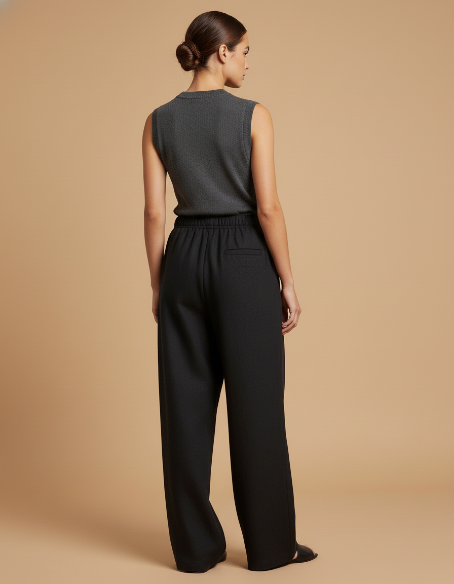 Pantalon Baggy Femme Noir Taille Élastique - Lin - vue 2