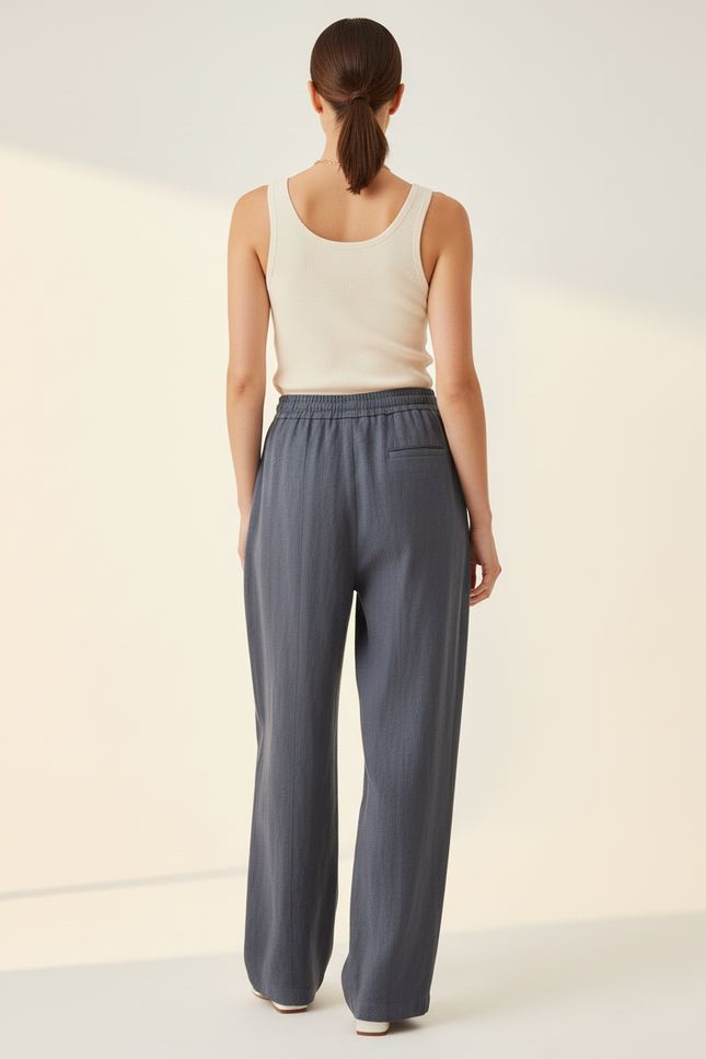 Pantalon Baggy Gris Fluide Décontracté Cordon - Lin - vue 2