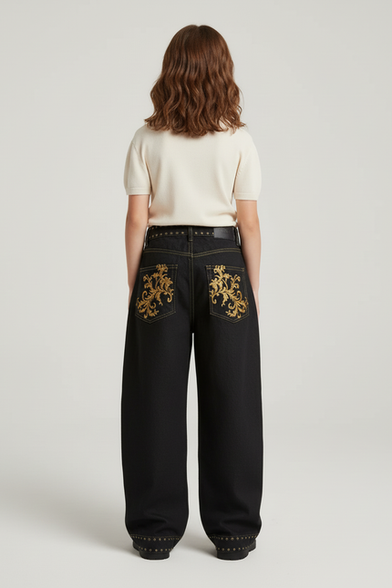Pantalon Baggy Noir Brodé Or Ample Enfant - Jean - vue 2