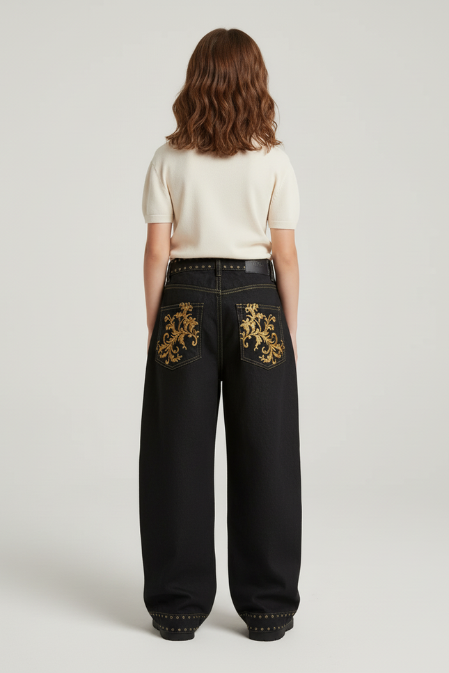 Pantalon Baggy Noir Brodé Or Ample Enfant - Jean - vue 2