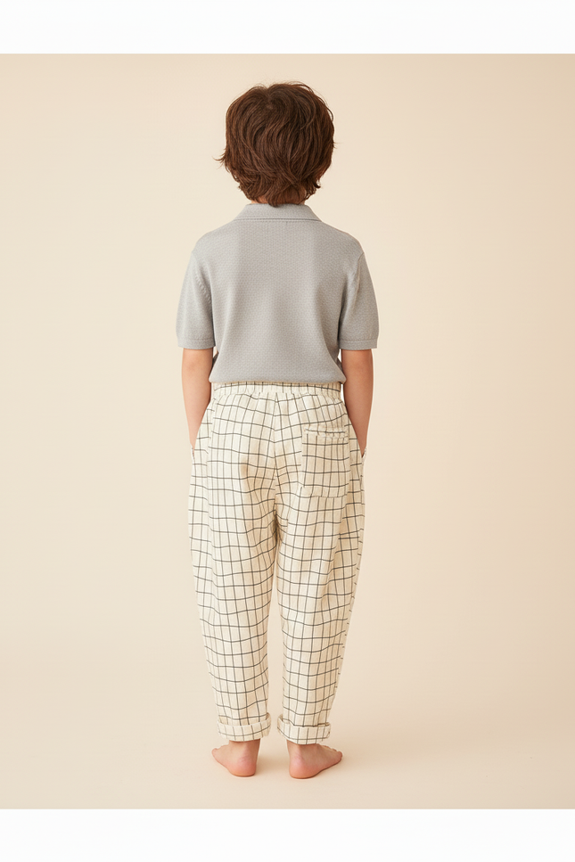 Pantalon Baggy Carreaux Ample Coton Enfant Beige - vue 2