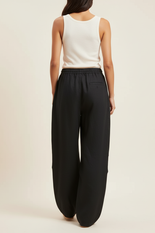Pantalon Baggy Noir Lin Fluide Décontracté Femme - vue 2