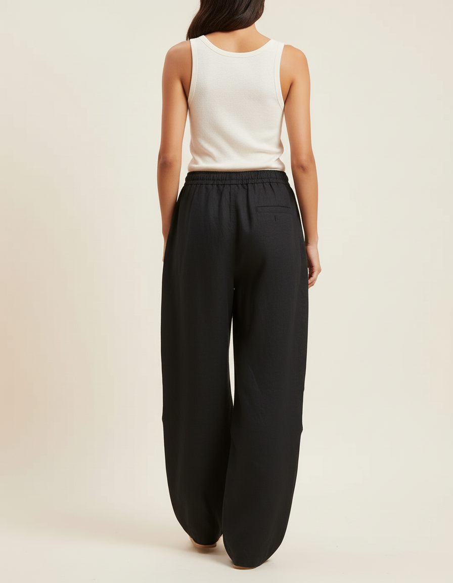 Pantalon Baggy Noir Lin Fluide Décontracté Femme - vue 2