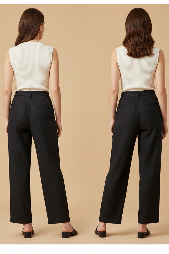 Pantalon Baggy Noir Plissé Ample Élégant Femme - Lin - vue 2